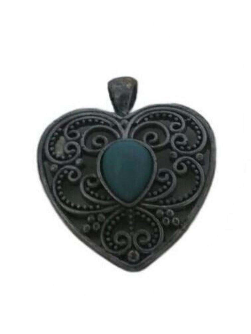 Vintage Silver Filigree Heart Pendant, Teal Turquoise Cabochon Boho Statement